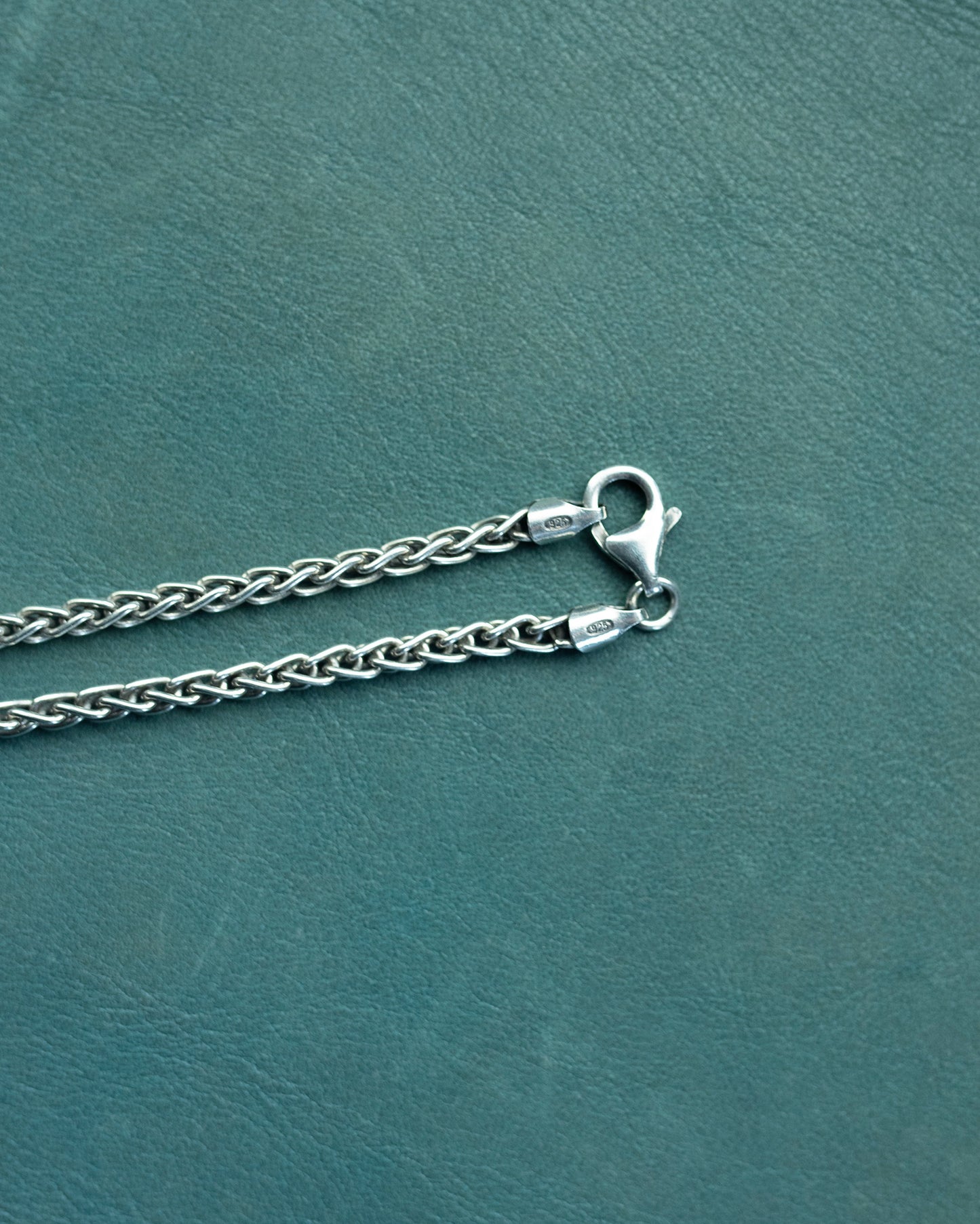 Silver chain necklace with clasp on a teal background