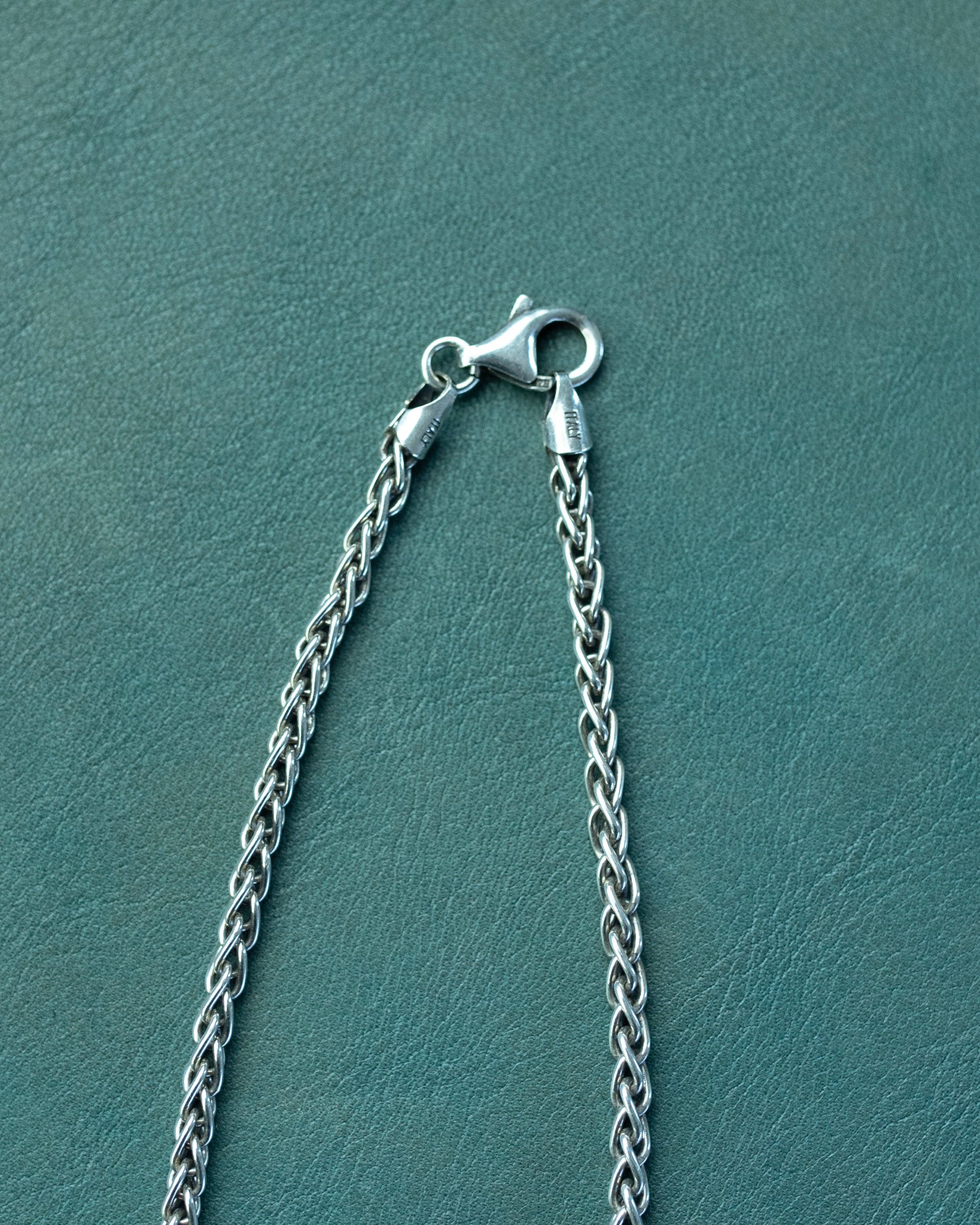 Silver chain necklace with clasp on a teal background