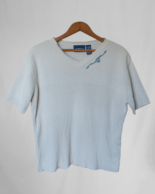 Off white cream knit short sleeve top with embroidery on collar