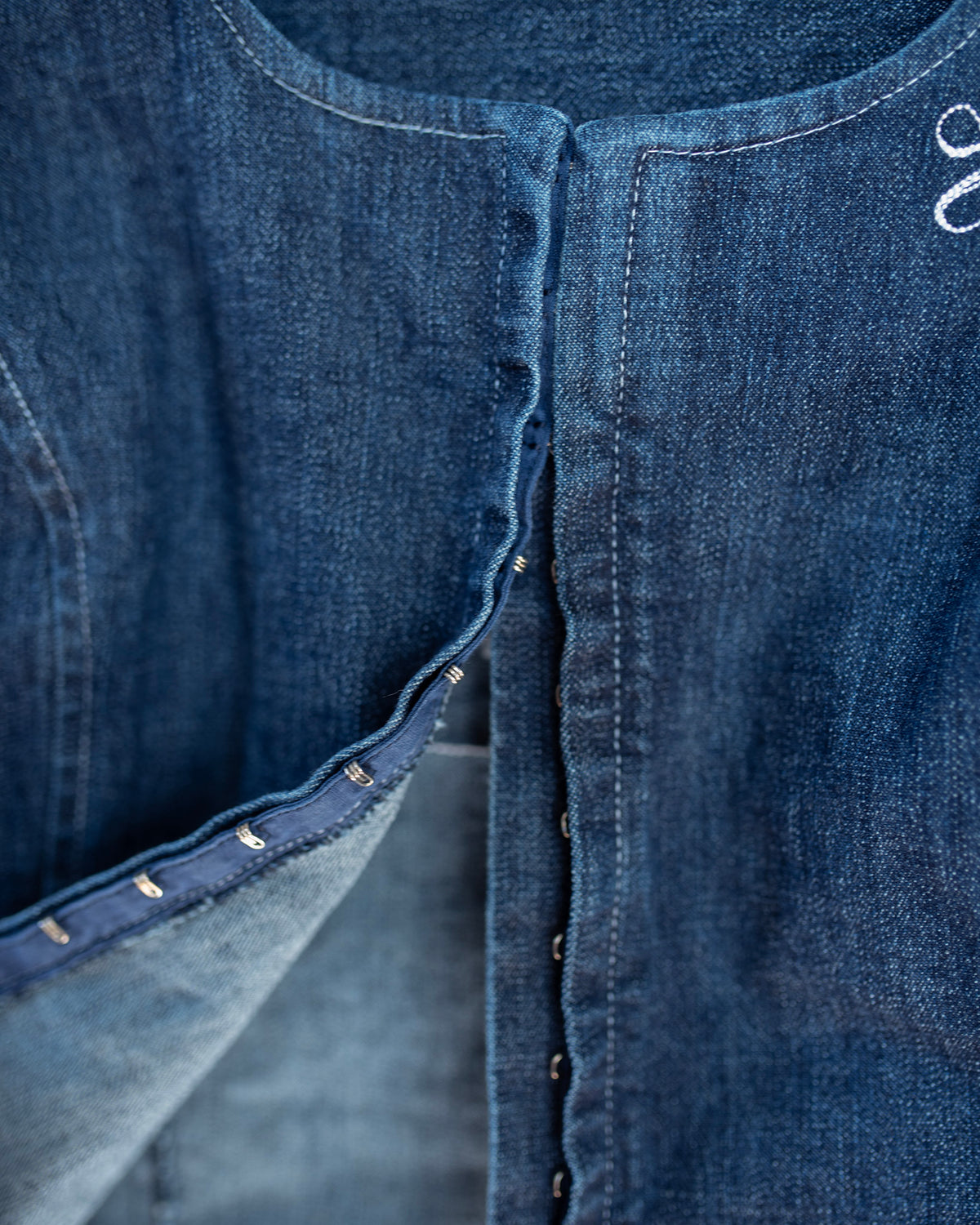Close up of the denim top closures.