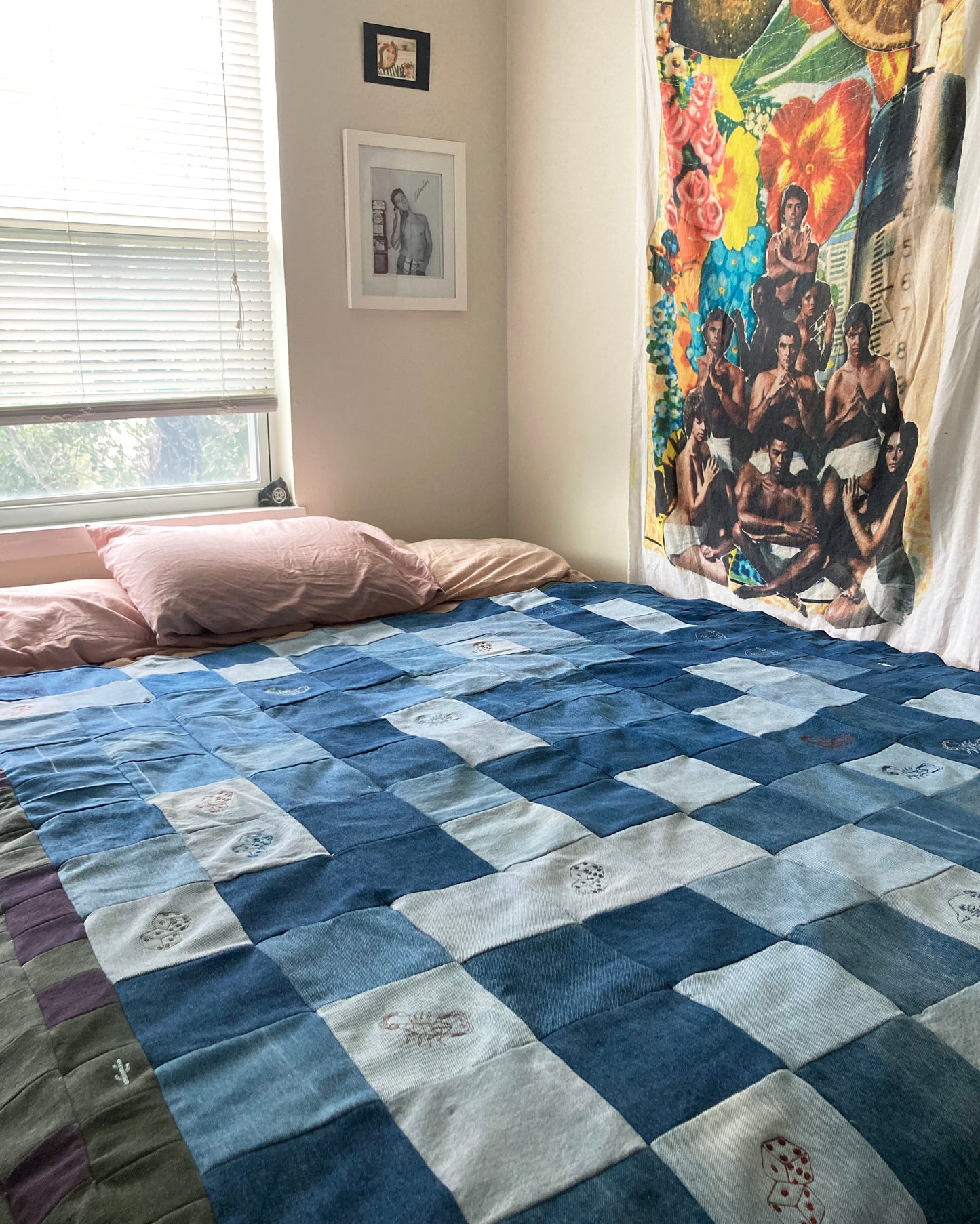 DOUBLE SIDED DENIM QUILT WITH CUSTOM EMBROIDERIES