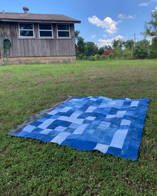 DOUBLE SIDED DENIM QUILT WITH CUSTOM EMBROIDERIES