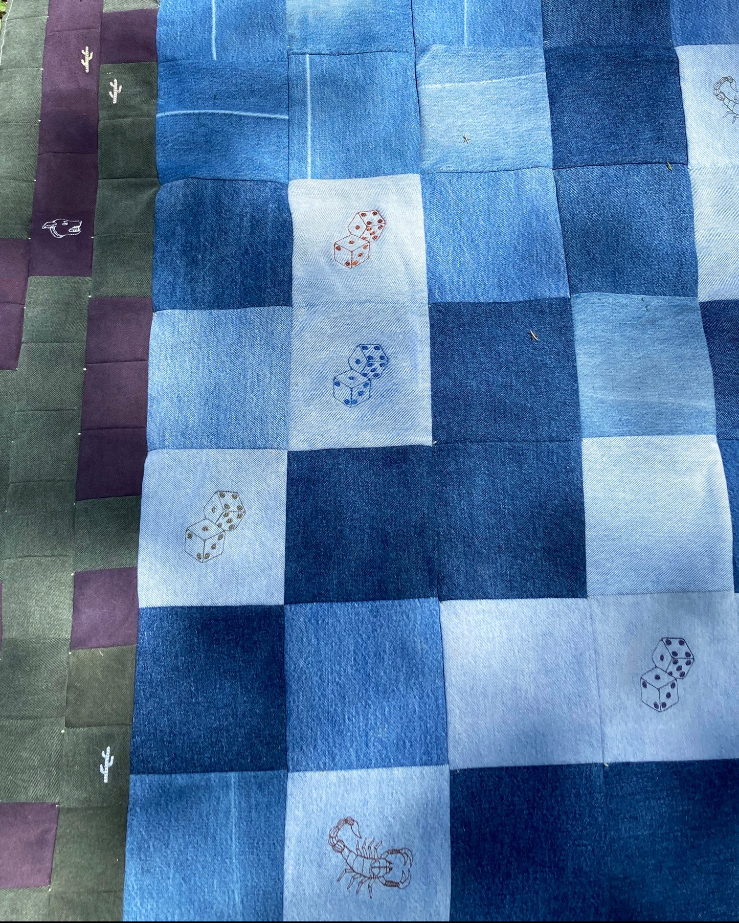 DOUBLE SIDED DENIM QUILT WITH CUSTOM EMBROIDERIES