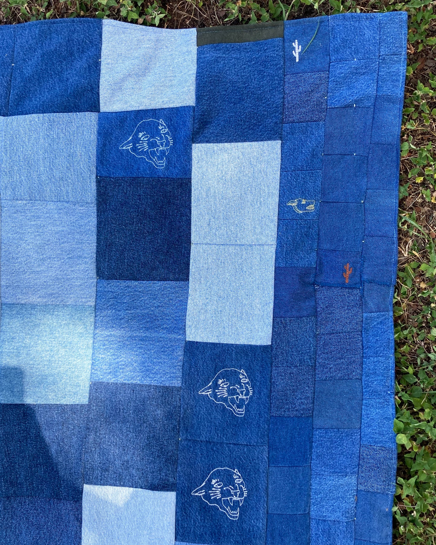 DOUBLE SIDED DENIM QUILT WITH CUSTOM EMBROIDERIES