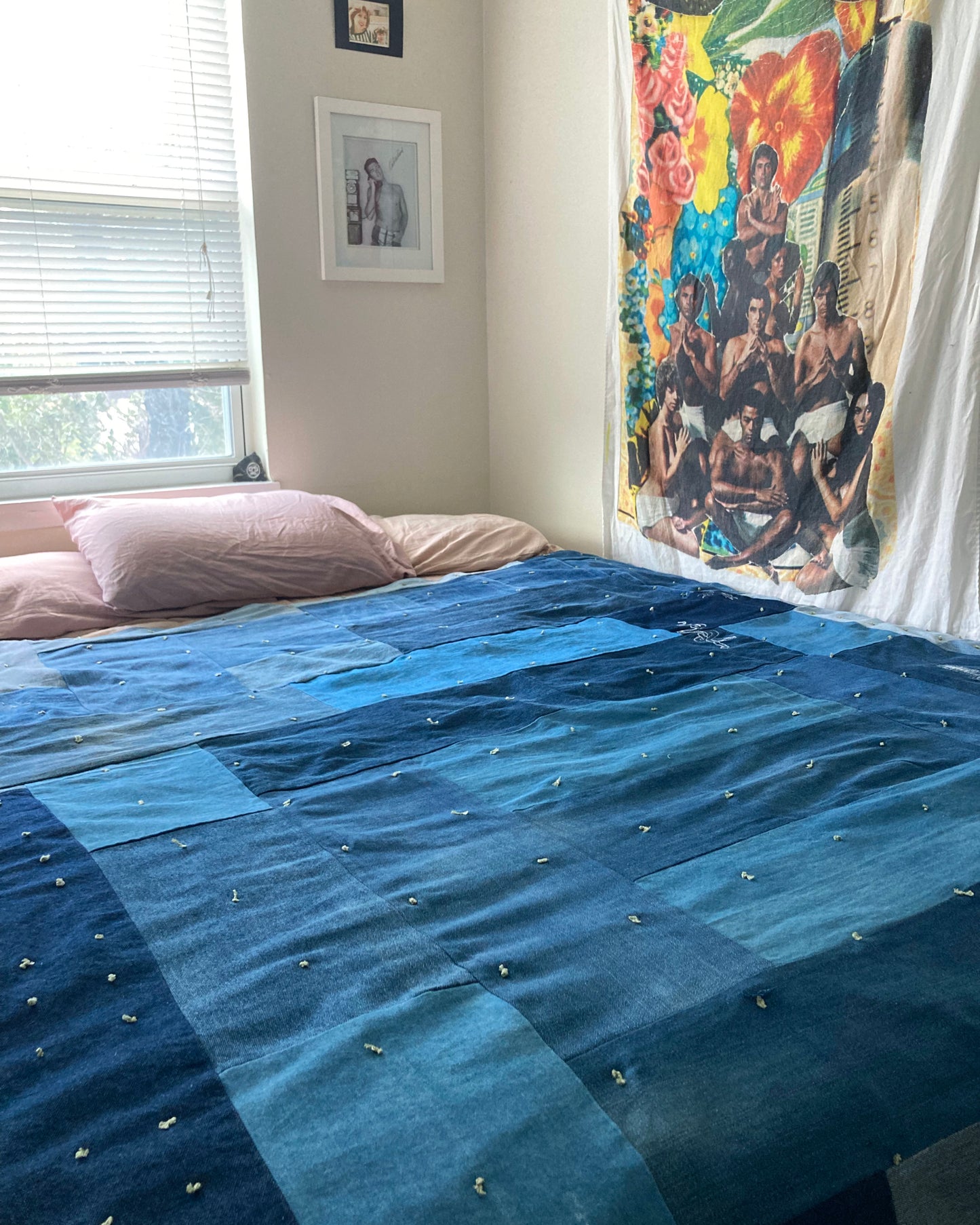 DOUBLE SIDED DENIM QUILT WITH CUSTOM EMBROIDERIES