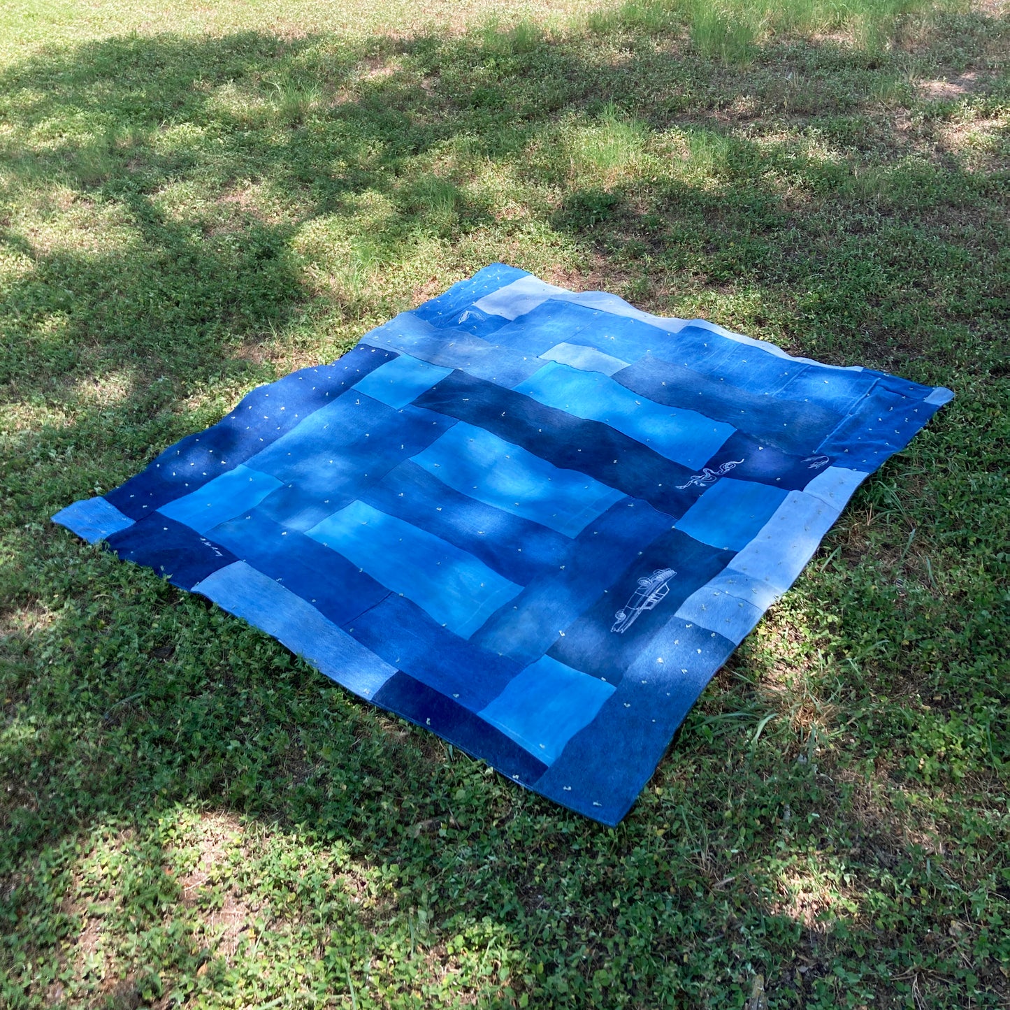 DOUBLE SIDED DENIM QUILT WITH CUSTOM EMBROIDERIES