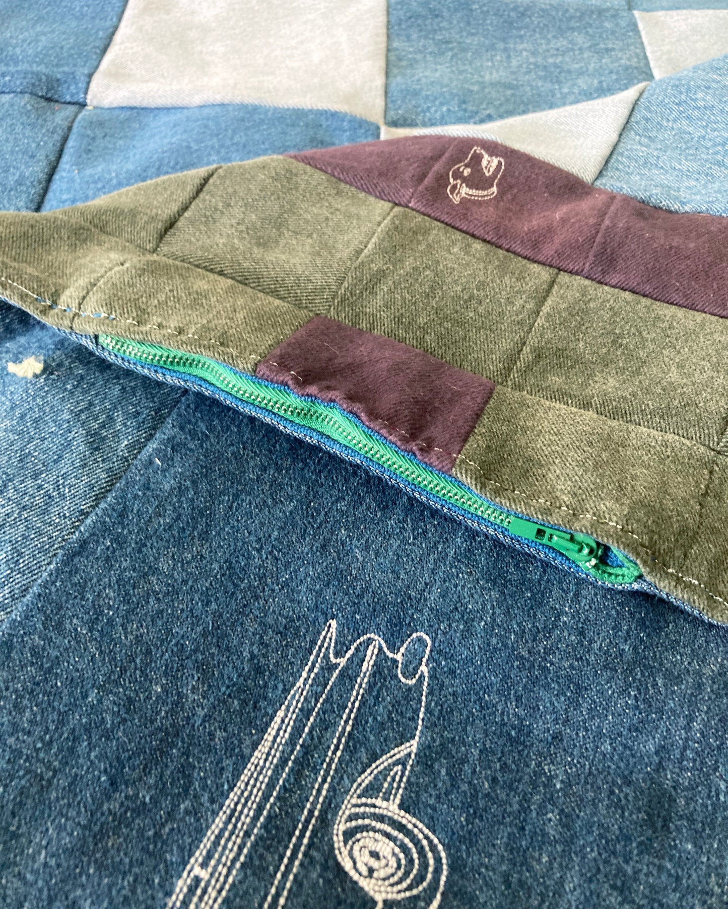 DOUBLE SIDED DENIM QUILT WITH CUSTOM EMBROIDERIES