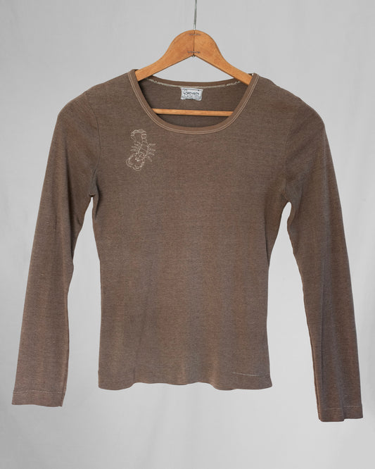 Brown long sleeve shirt with a scorpion embroidery on chest area.