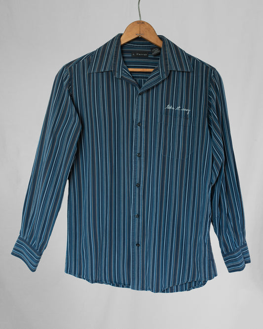 Striped long sleeve button down with take it easy embroidery over pocket.